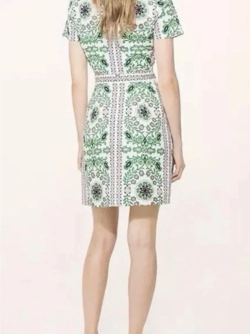 Tory Burch Floral Tile Print Short Sleeve Dress - White & Green